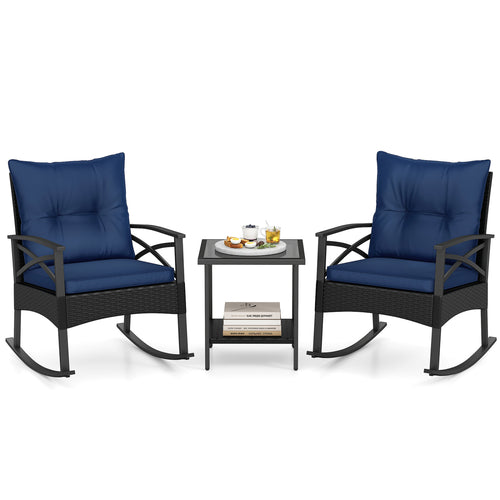 Outdoor Rattan Rocking Chairs Set, 3 Pieces, 2-Tier Side Table, Navy