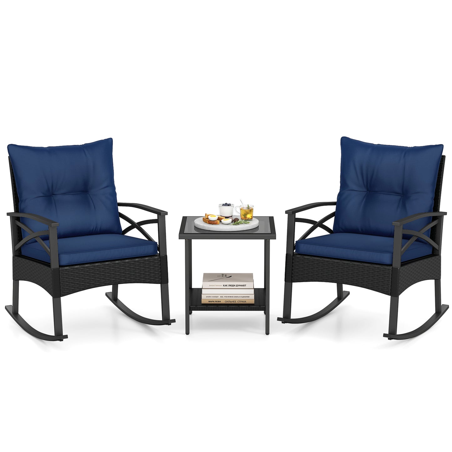 Outdoor Rattan Rocking Chairs Set, 3 Pieces, 2-Tier Side Table, Navy Patio Conversation Sets Navy at Gallery Canada