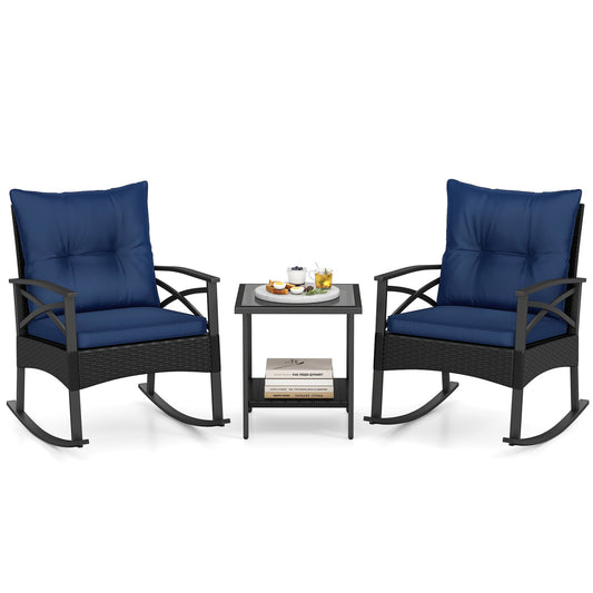 Outdoor Rattan Rocking Chairs Set, 3 Pieces, 2-Tier Side Table, Navy Patio Conversation Sets Navy at Gallery Canada