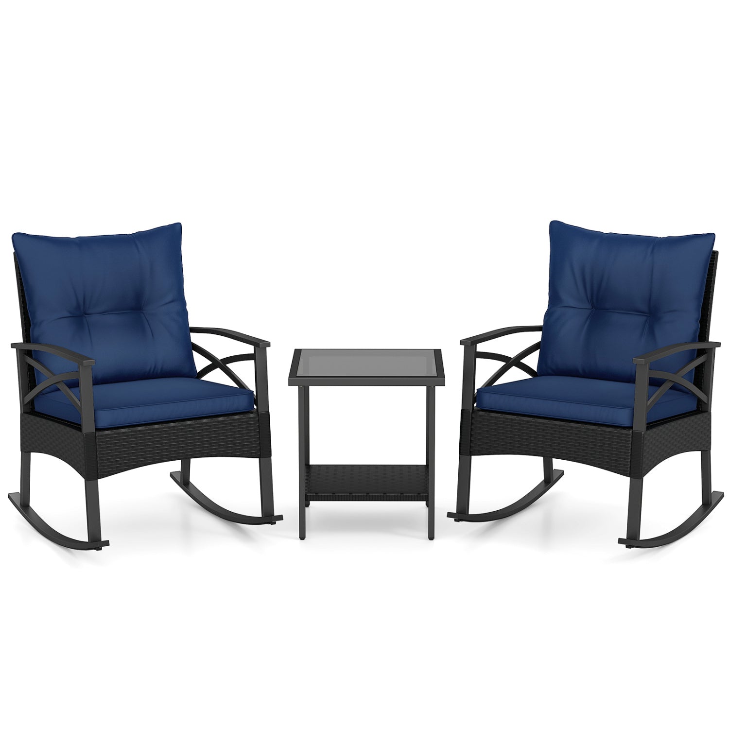Outdoor Rattan Rocking Chairs Set, 3 Pieces, 2-Tier Side Table, Navy Patio Conversation Sets at Gallery Canada