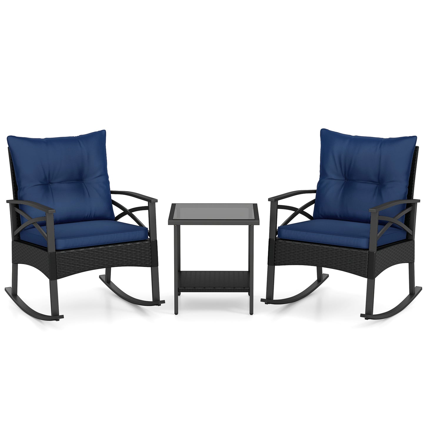 Outdoor Rattan Rocking Chairs Set, 3 Pieces, 2-Tier Side Table, Navy Patio Conversation Sets at Gallery Canada