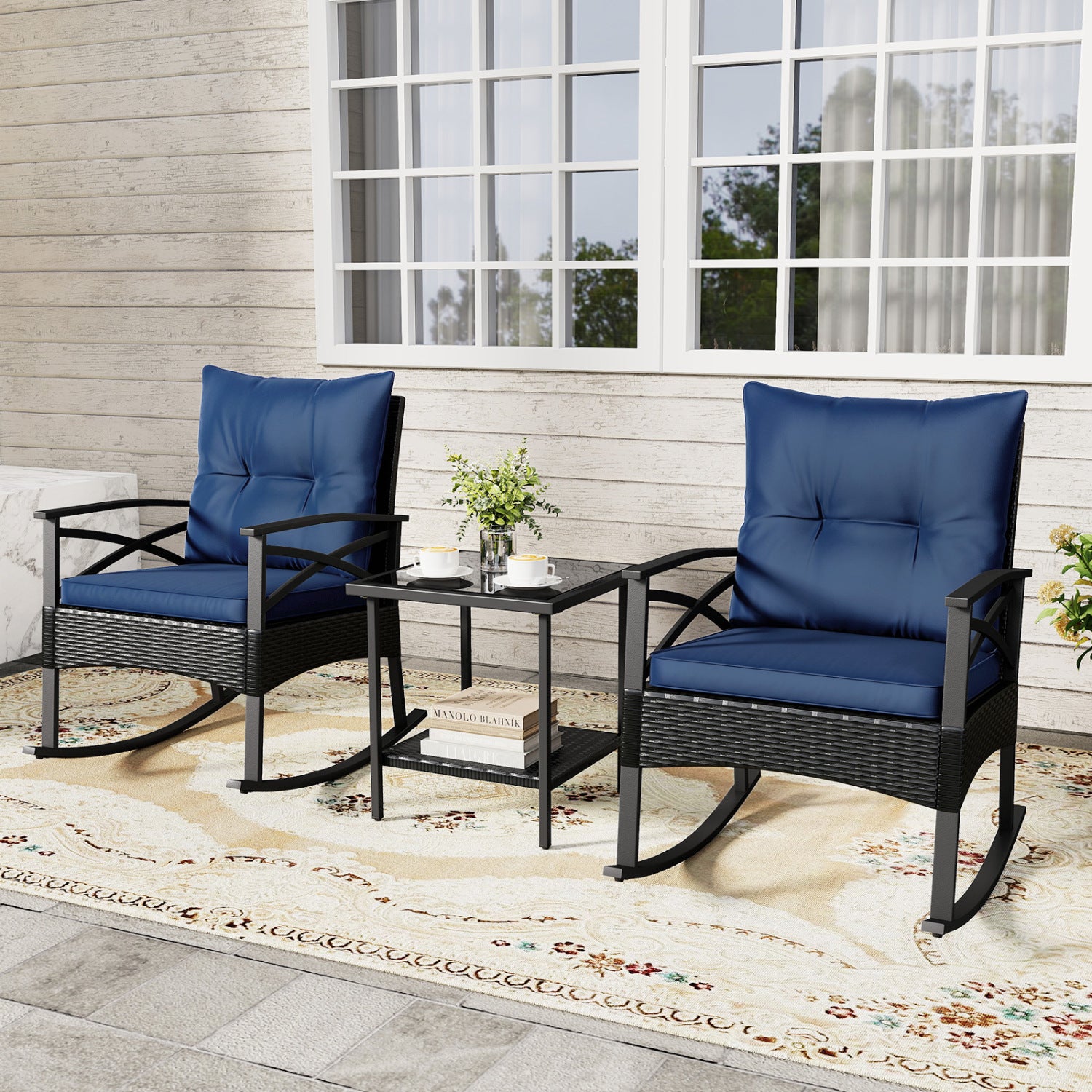 Outdoor Rattan Rocking Chairs Set, 3 Pieces, 2-Tier Side Table, Navy Patio Conversation Sets at Gallery Canada