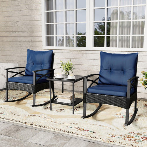 Outdoor Rattan Rocking Chairs Set, 3 Pieces, 2-Tier Side Table, Navy