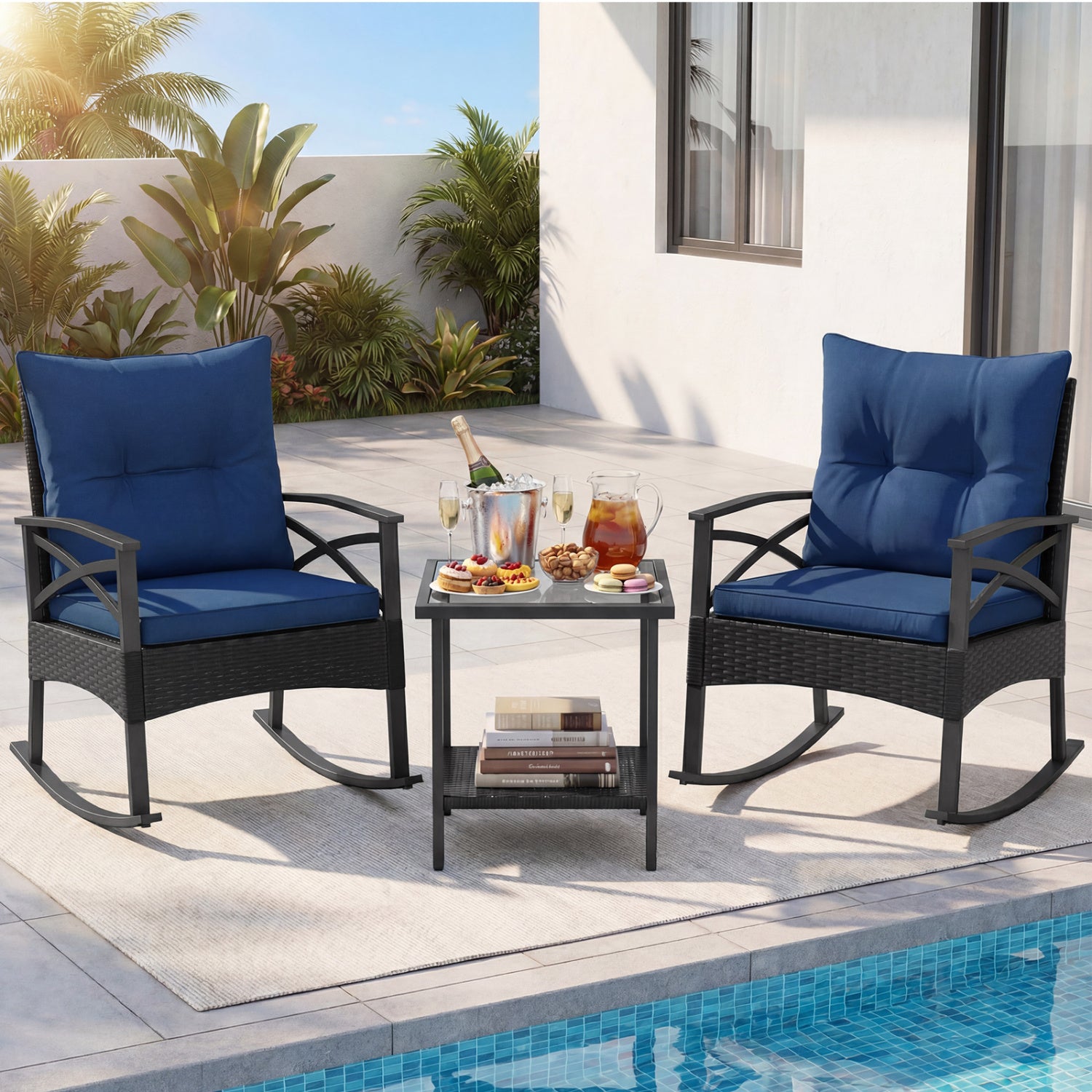 Outdoor Rattan Rocking Chairs Set, 3 Pieces, 2-Tier Side Table, Navy Patio Conversation Sets at Gallery Canada