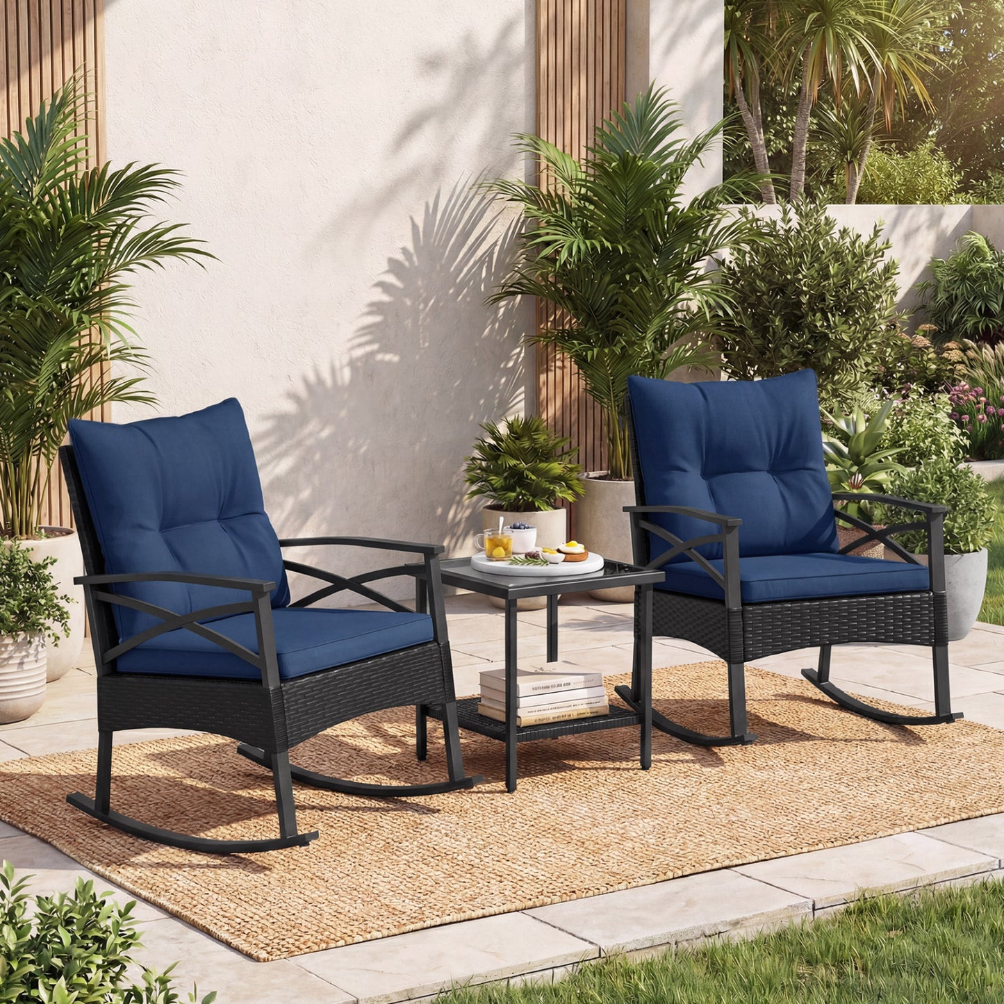 Outdoor Rattan Rocking Chairs Set, 3 Pieces, 2-Tier Side Table, Navy Patio Conversation Sets at Gallery Canada