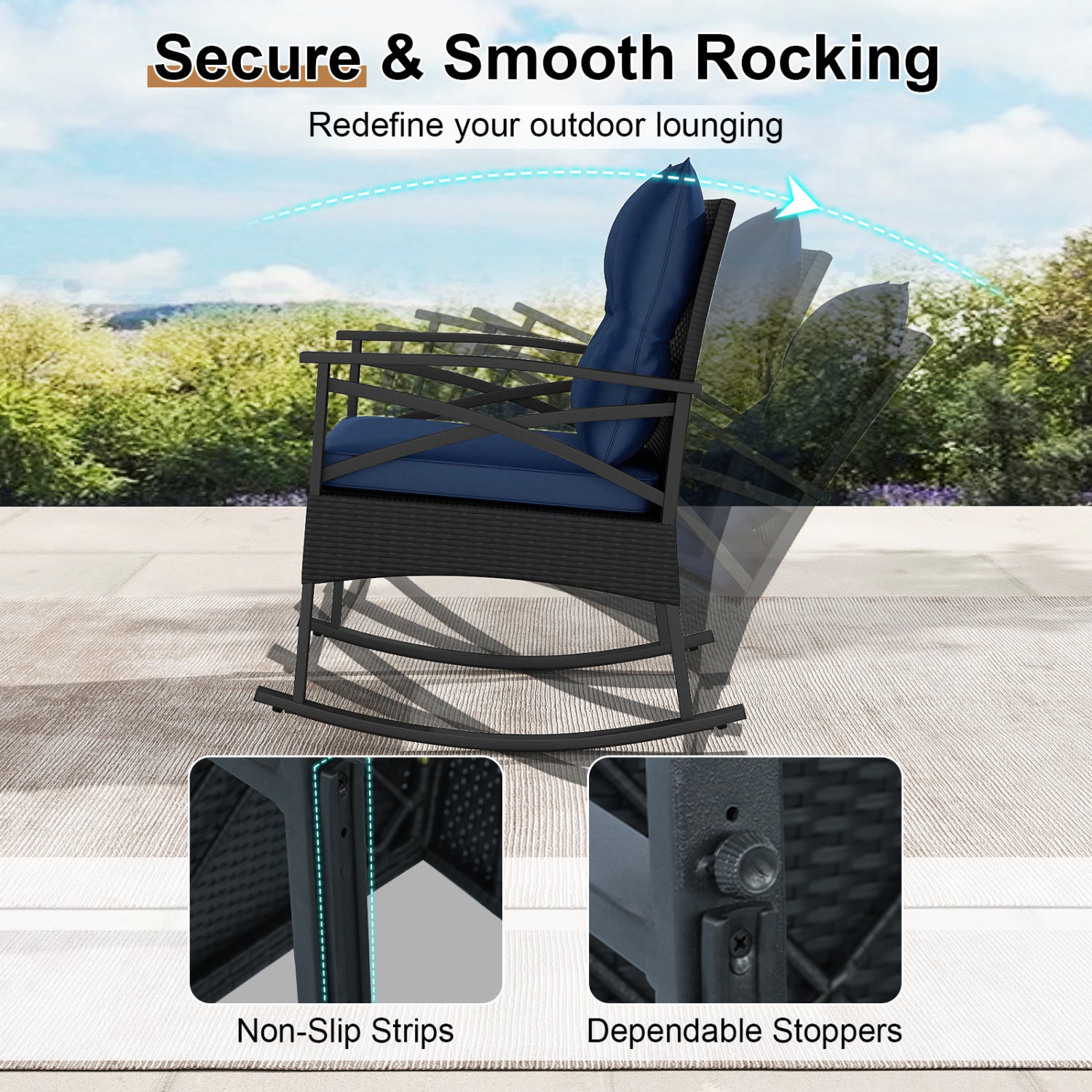 Outdoor Rattan Rocking Chairs Set, 3 Pieces, 2-Tier Side Table, Navy Patio Conversation Sets at Gallery Canada