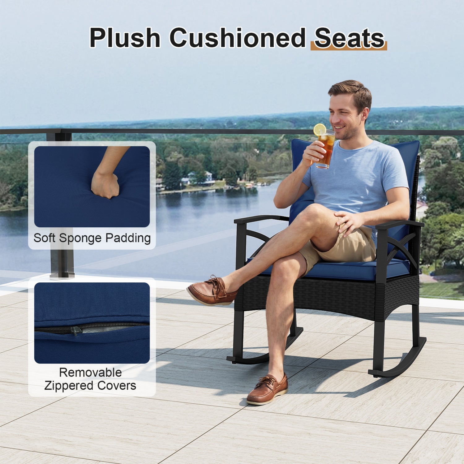 Outdoor Rattan Rocking Chairs Set, 3 Pieces, 2-Tier Side Table, Navy Patio Conversation Sets at Gallery Canada