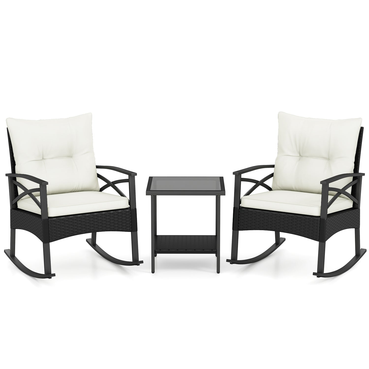 Outdoor Rattan Rocking Chairs Set, 2-Tier Side Table, White Patio Conversation Sets at Gallery Canada