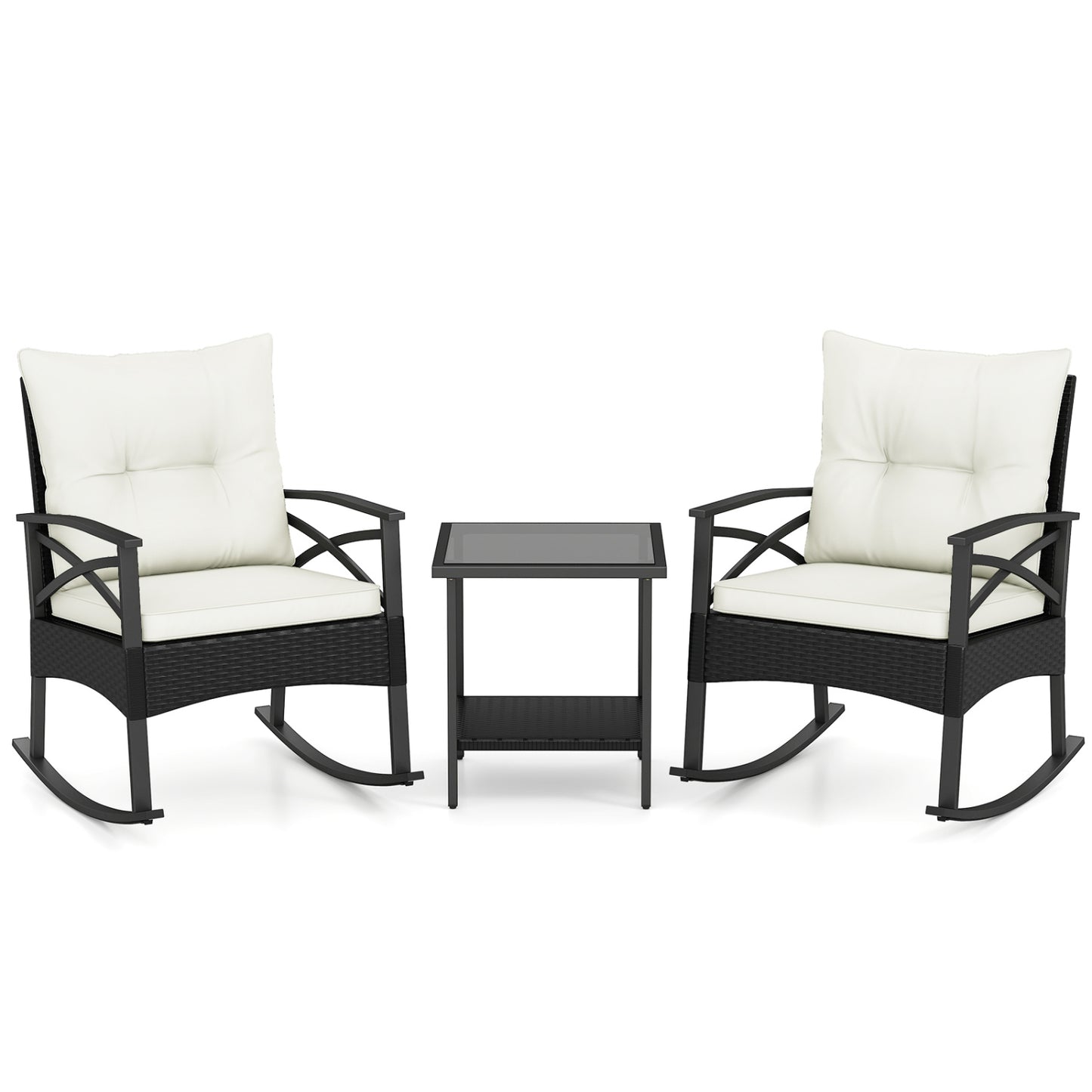 Outdoor Rattan Rocking Chairs Set, 2-Tier Side Table, White Patio Conversation Sets at Gallery Canada