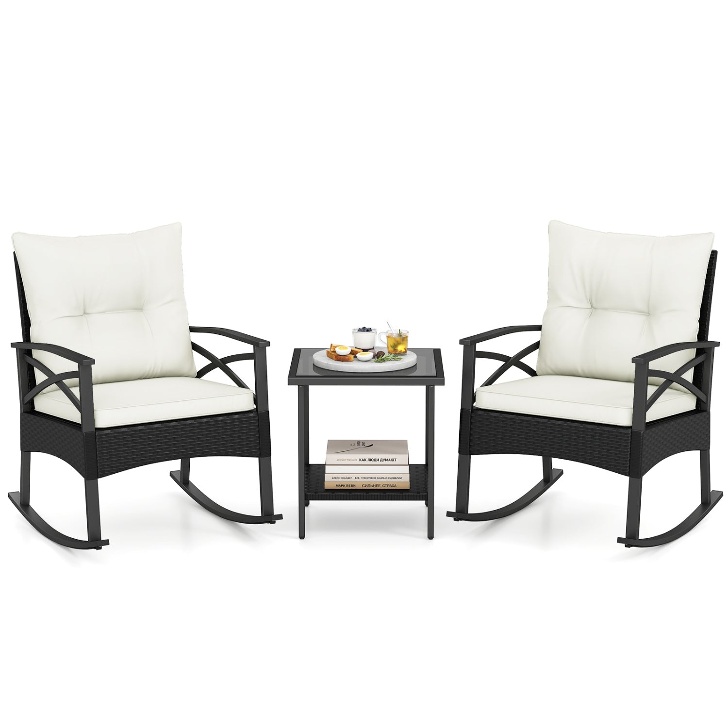 Outdoor Rattan Rocking Chairs Set, 2-Tier Side Table, White Patio Conversation Sets at Gallery Canada