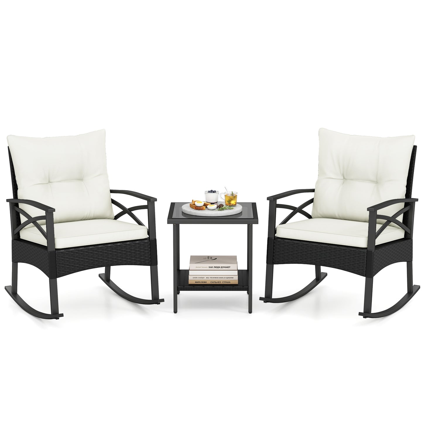 Outdoor Rattan Rocking Chairs Set, 2-Tier Side Table, White Patio Conversation Sets at Gallery Canada