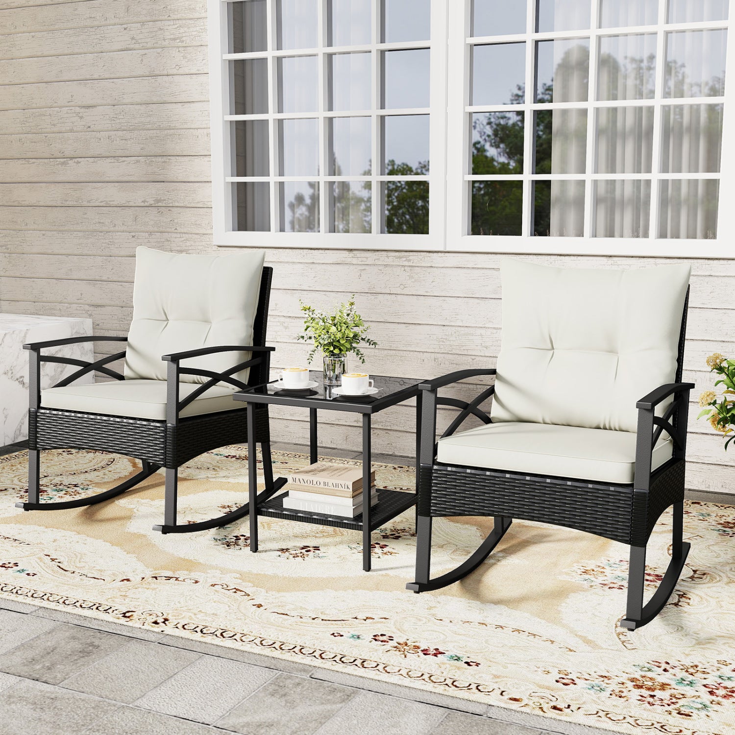 Outdoor Rattan Rocking Chairs Set, 2-Tier Side Table, White Patio Conversation Sets at Gallery Canada