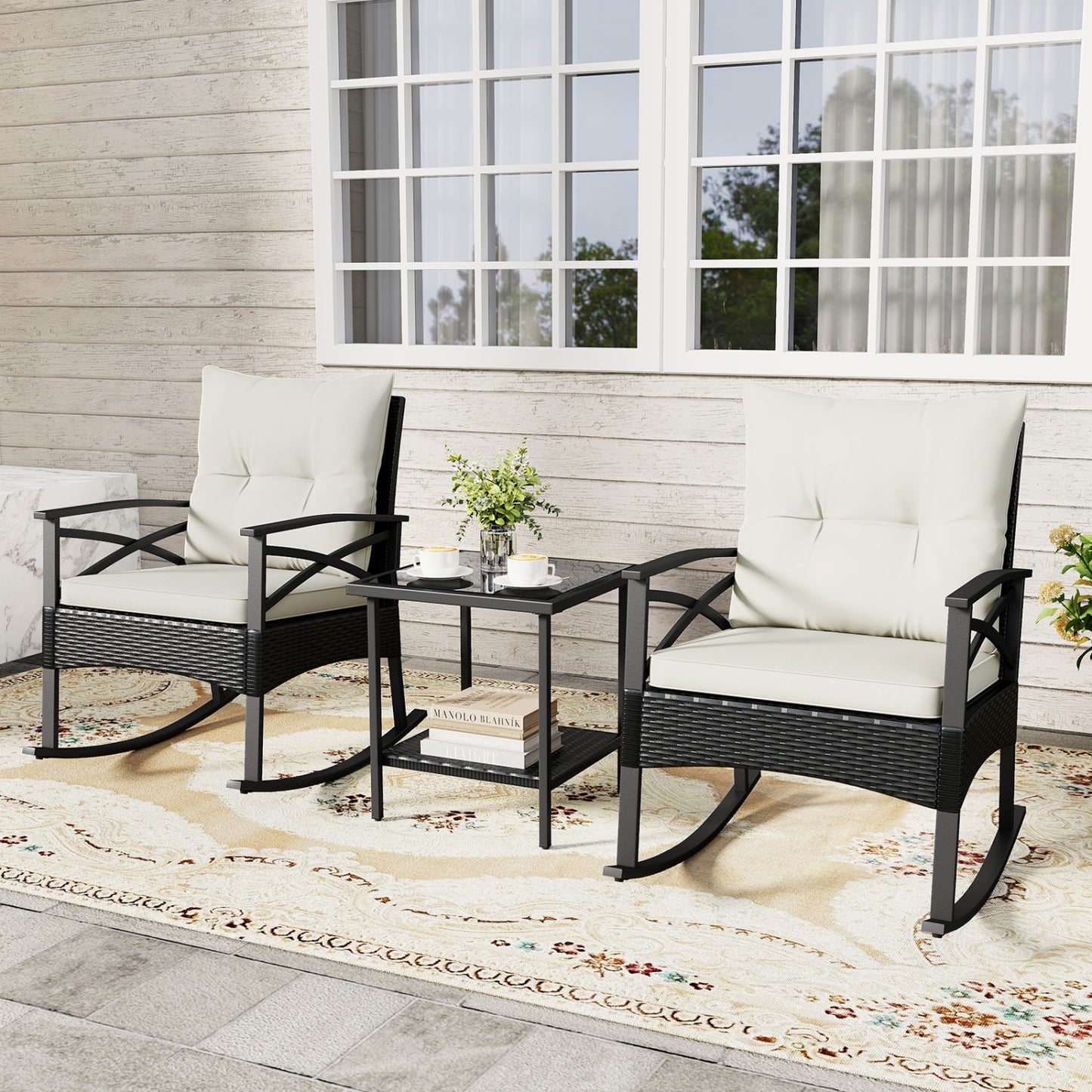 Outdoor Rattan Rocking Chairs Set, 2-Tier Side Table, White Patio Conversation Sets at Gallery Canada