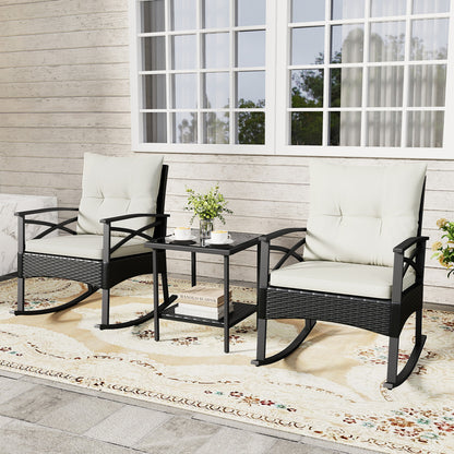 Outdoor Rattan Rocking Chairs Set, 2-Tier Side Table, White Patio Conversation Sets at Gallery Canada