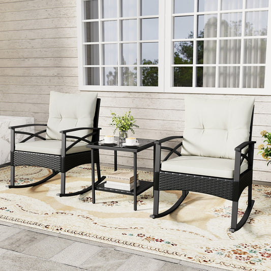 Outdoor Rattan Rocking Chairs Set, 2-Tier Side Table, White Patio Conversation Sets White at Gallery Canada