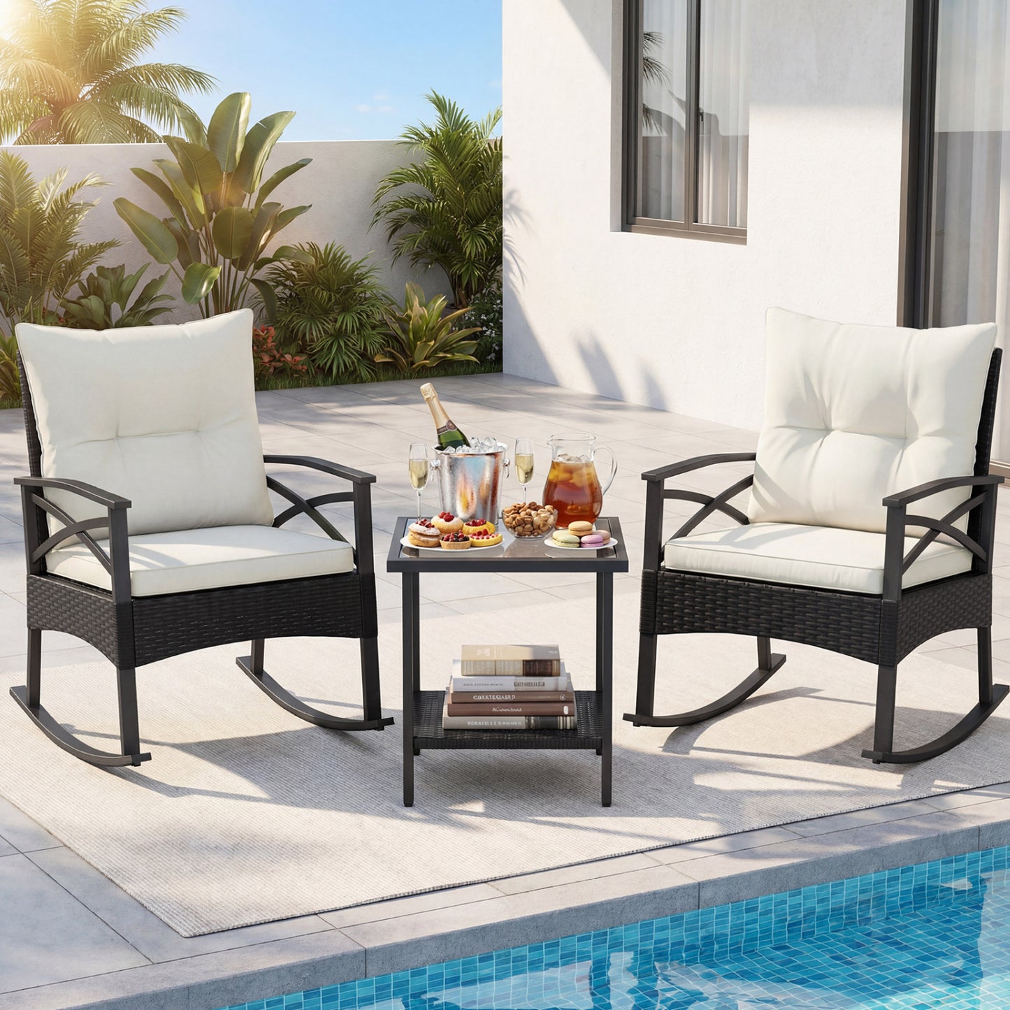 Outdoor Rattan Rocking Chairs Set, 2-Tier Side Table, White Patio Conversation Sets at Gallery Canada