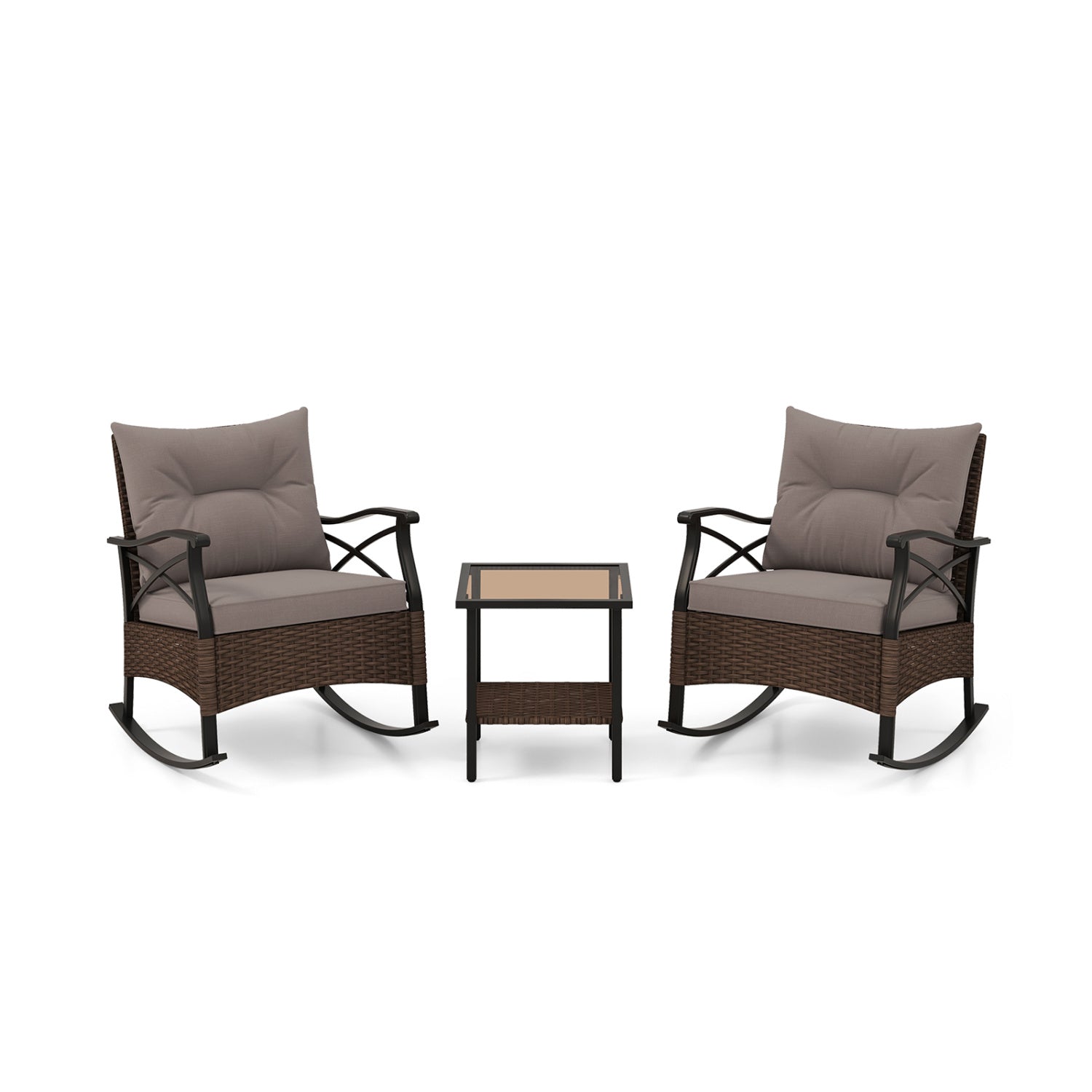 3-Piece Outdoor Rattan Rocking Chair Set With Side Table, Brown Patio Conversation Sets Brown at Gallery Canada