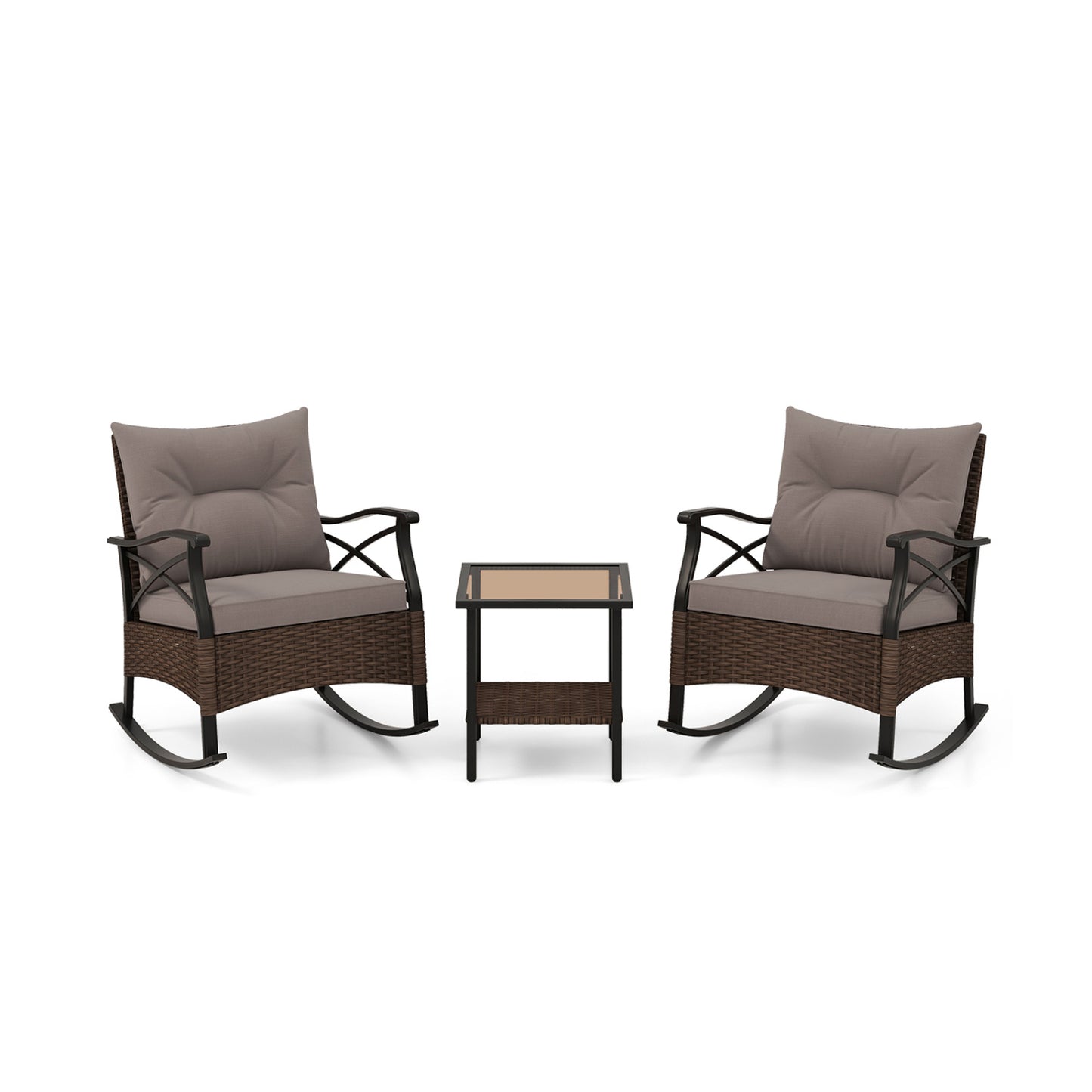3-Piece Outdoor Rattan Rocking Chair Set With Side Table, Brown Patio Conversation Sets Brown at Gallery Canada