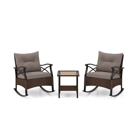 3-Piece Outdoor Rattan Rocking Chair Set With Side Table, Brown Patio Conversation Sets Brown at Gallery Canada