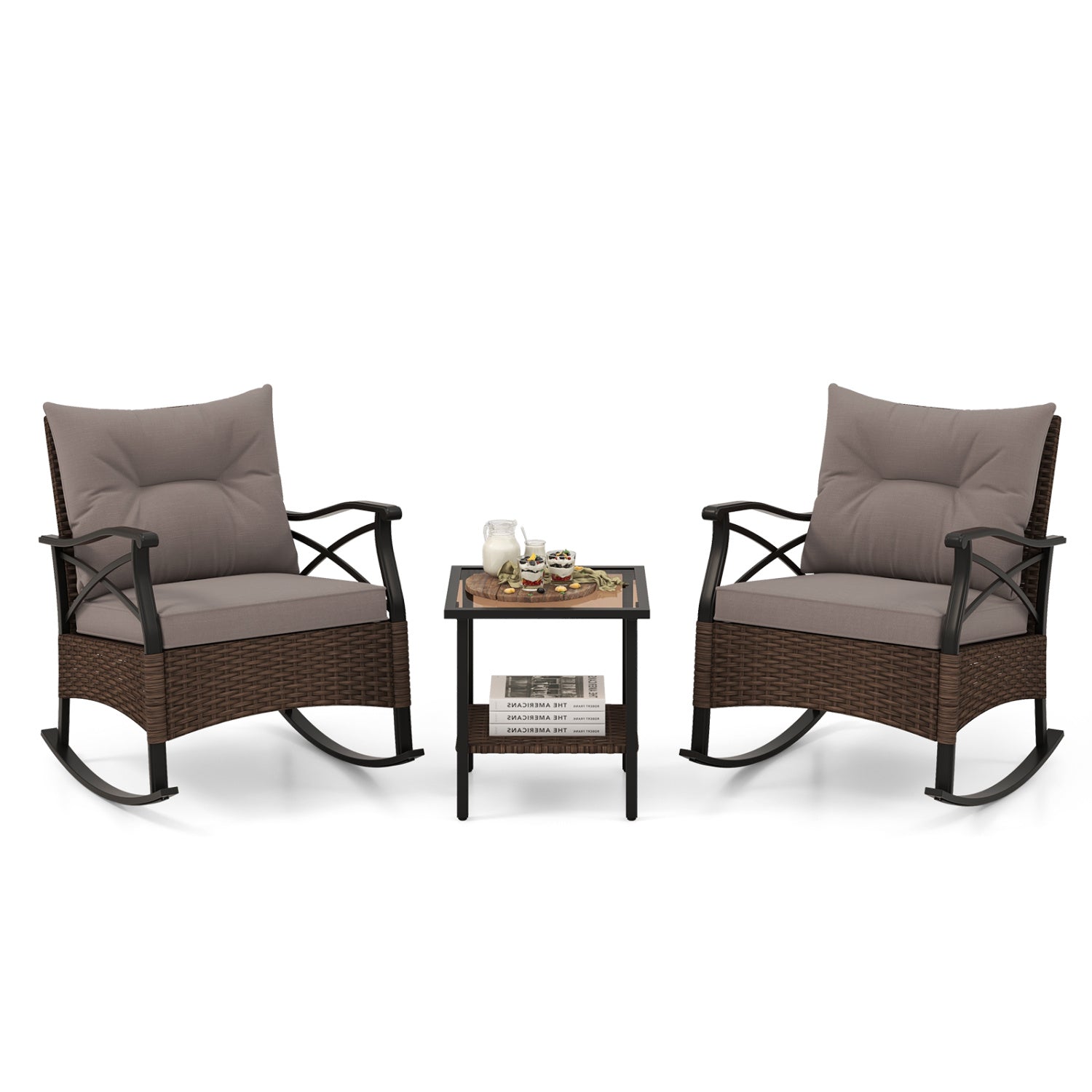 3-Piece Outdoor Rattan Rocking Chair Set With Side Table, Brown Patio Conversation Sets at Gallery Canada