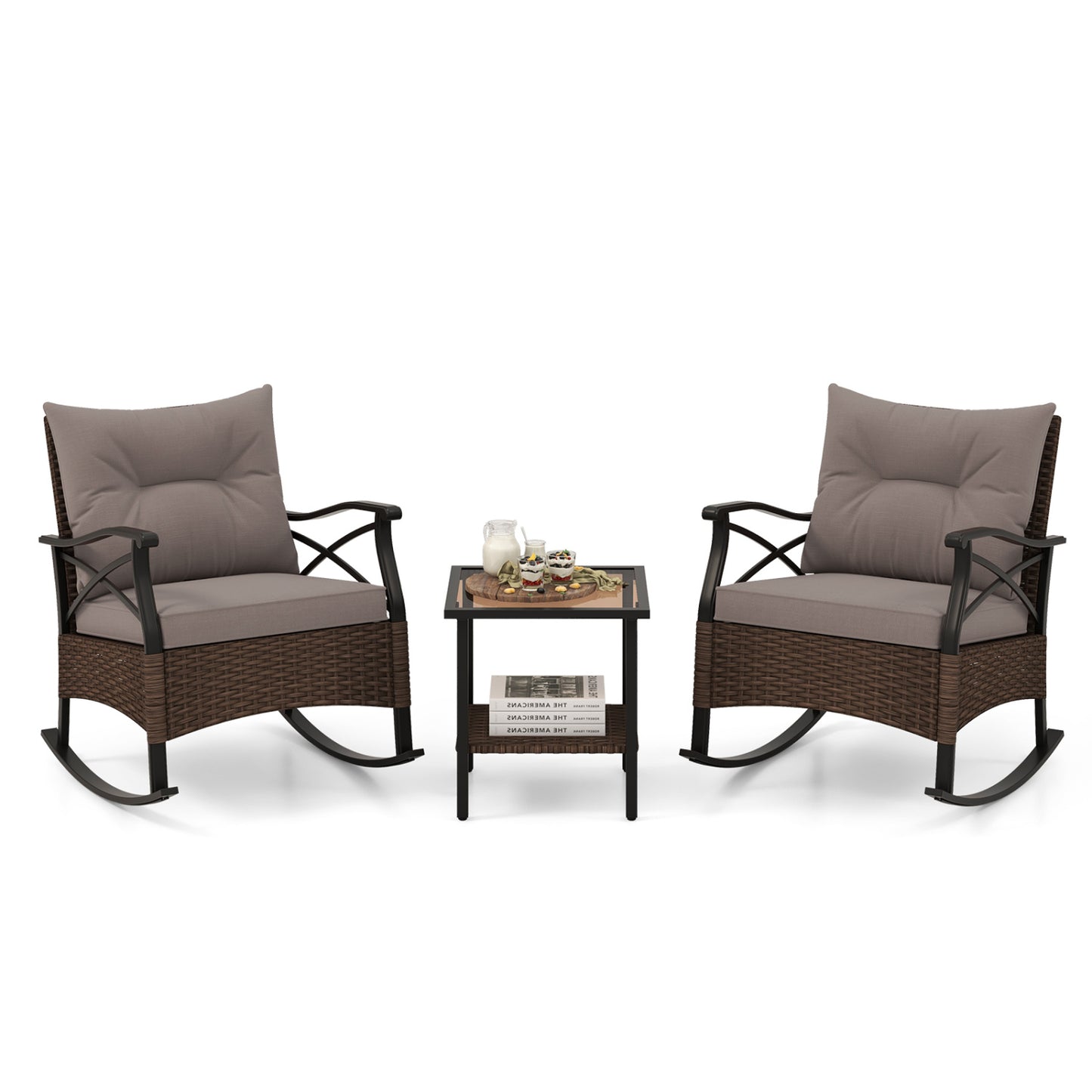 3-Piece Outdoor Rattan Rocking Chair Set With Side Table, Brown Patio Conversation Sets at Gallery Canada