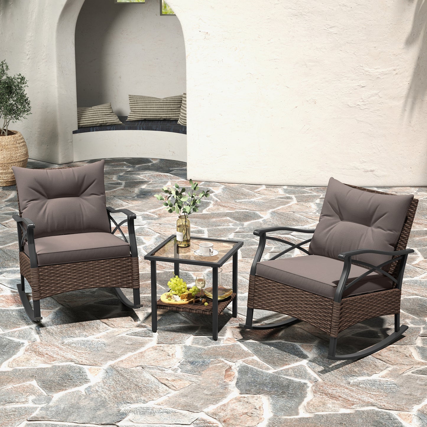 3-Piece Outdoor Rattan Rocking Chair Set With Side Table, Brown Patio Conversation Sets at Gallery Canada