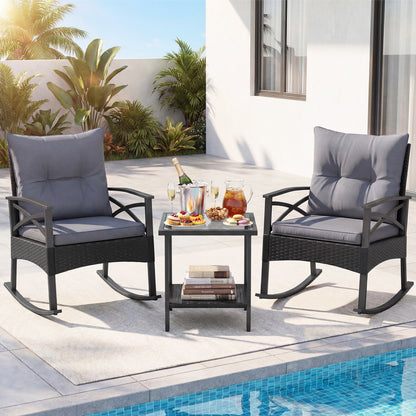 3 Piece Outdoor Rattan Rocking Chairs Set with Side Table, Black & Gray