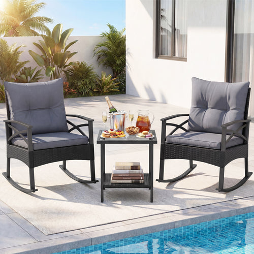 3 Piece Outdoor Rattan Rocking Chairs Set with Side Table, Black & Gray