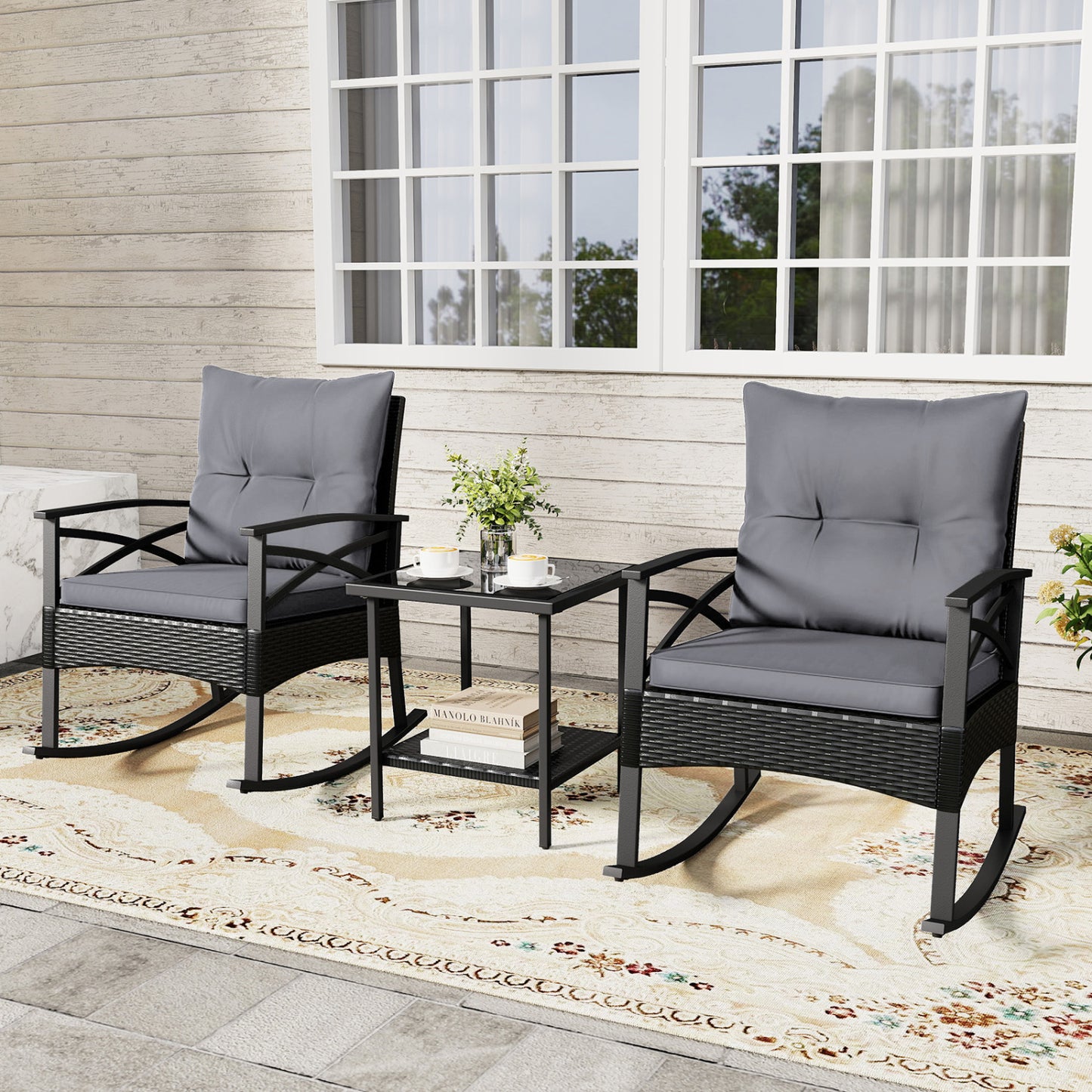 3 Piece Outdoor Rattan Rocking Chairs Set with Side Table, Black & Gray