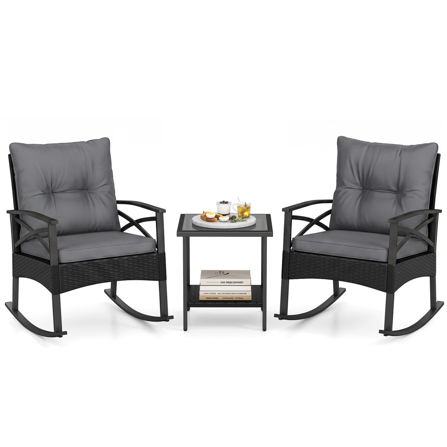 3 Piece Outdoor Rattan Rocking Chairs Set with Side Table, Black & Gray