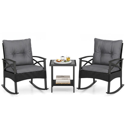 3 Piece Outdoor Rattan Rocking Chairs Set with Side Table, Black & Gray