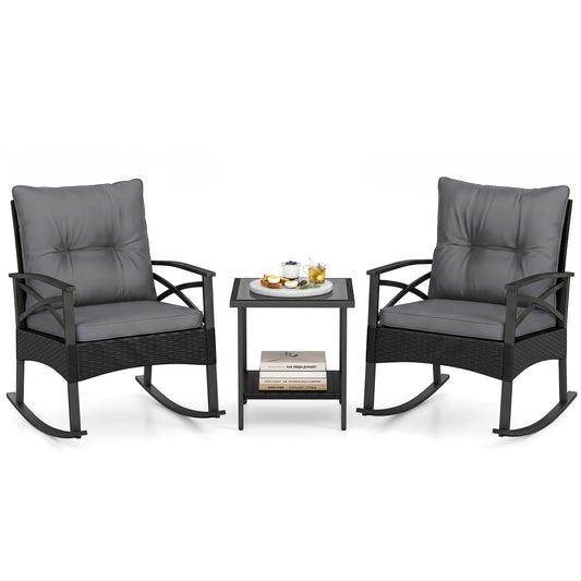 3 Piece Outdoor Rattan Rocking Chairs Set with Side Table, Black & Gray Patio Conversation Sets Black & Gray at Gallery Canada