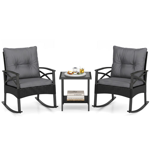 3 Piece Outdoor Rattan Rocking Chairs Set with Side Table, Black & Gray
