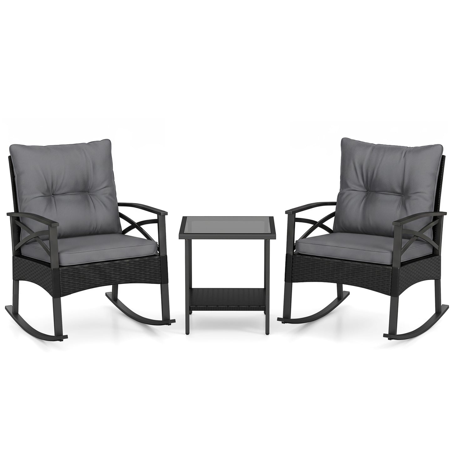 3 Piece Outdoor Rattan Rocking Chairs Set with Side Table, Black & Gray