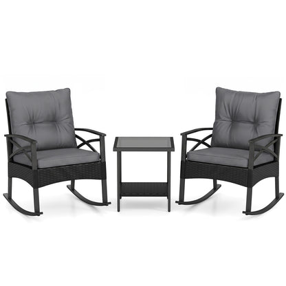 3 Piece Outdoor Rattan Rocking Chairs Set with Side Table, Black & Gray
