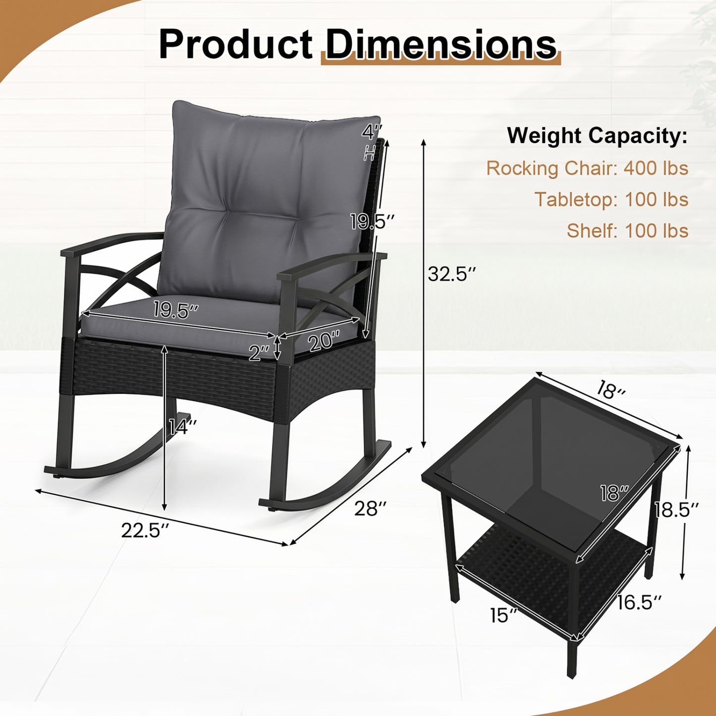 3 Piece Outdoor Rattan Rocking Chairs Set with Side Table, Black & Gray