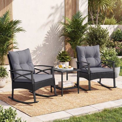 3 Piece Outdoor Rattan Rocking Chairs Set with Side Table, Black & Gray