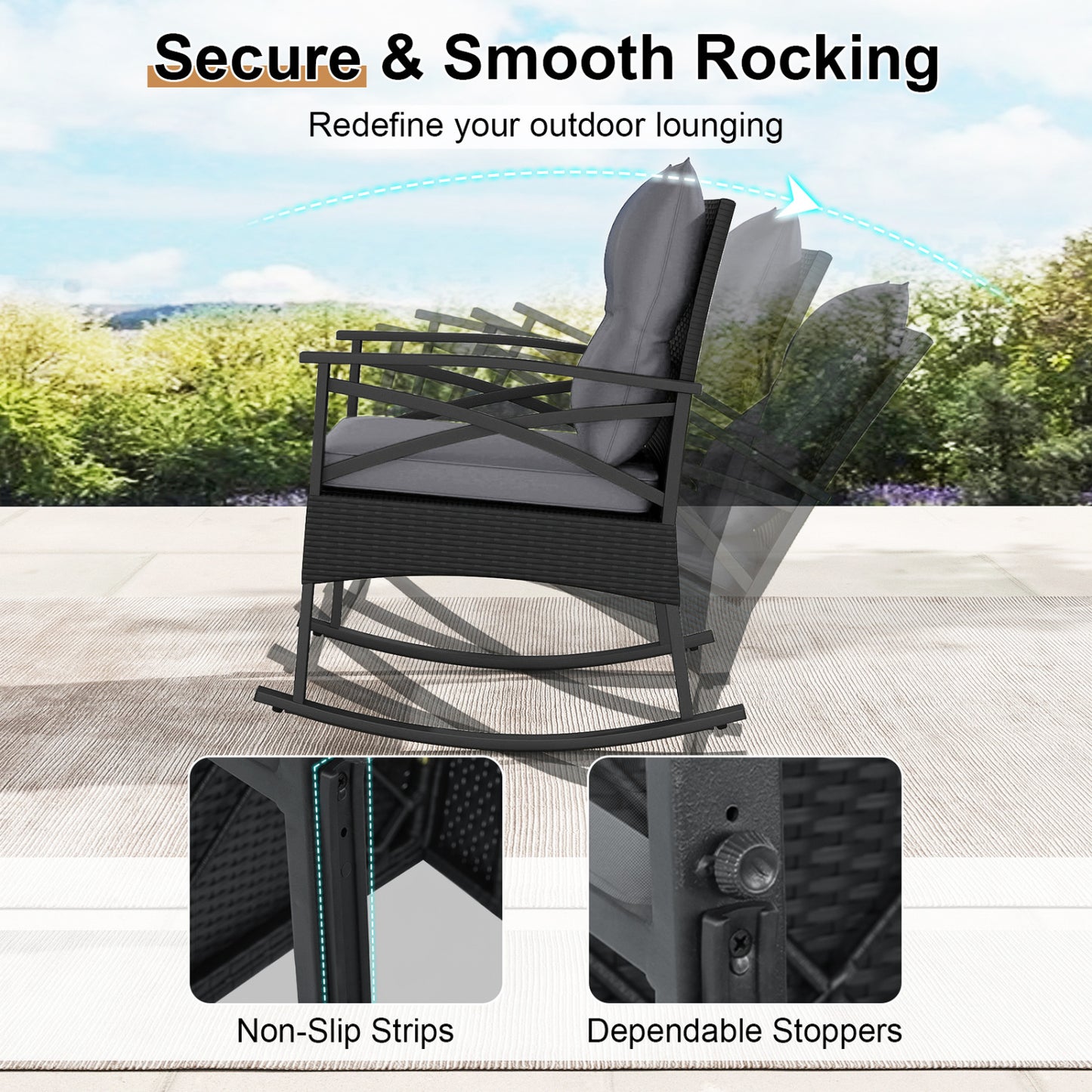 3 Piece Outdoor Rattan Rocking Chairs Set with Side Table, Black & Gray