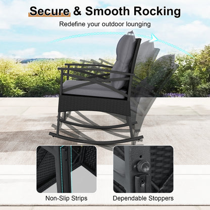 3 Piece Outdoor Rattan Rocking Chairs Set with Side Table, Black & Gray