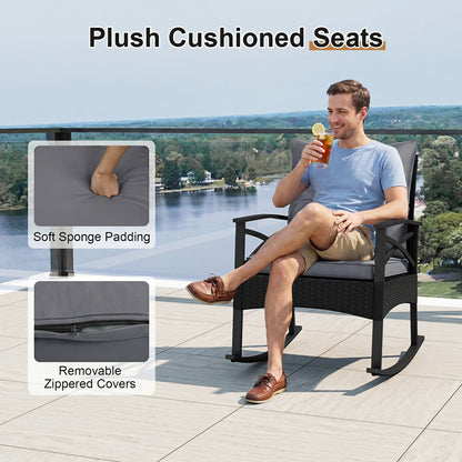 3 Piece Outdoor Rattan Rocking Chairs Set with Side Table, Black & Gray