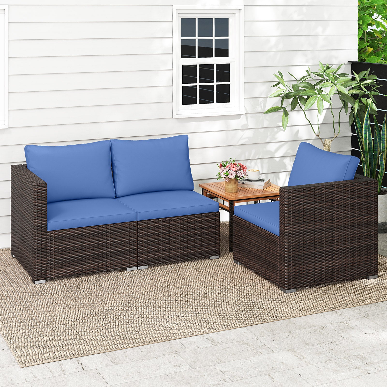 3 Pieces Outdoor Sectional Sofa Set with Soft Cushions, Navy Outdoor Sectionals at Gallery Canada