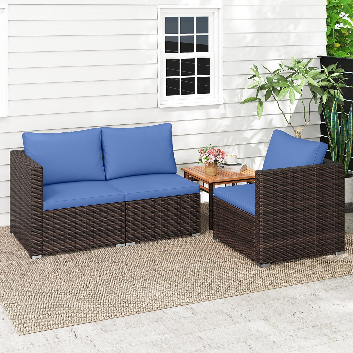 3 Pieces Outdoor Sectional Sofa Set with Soft Cushions, Navy Outdoor Sectionals at Gallery Canada