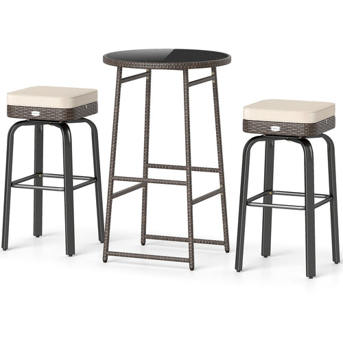 3 Piece Outdoor Swivel Bar Set, PE Rattan Bar Height Table With 2 Chairs, White