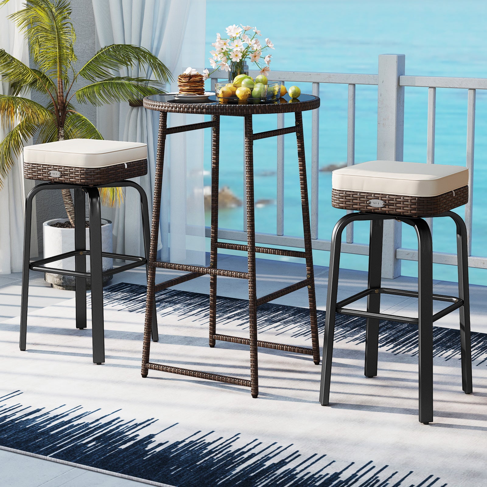 3 Piece Outdoor Swivel Bar Set, PE Rattan Bar Height Table With 2 Chairs, White Patio Bar Furniture at Gallery Canada