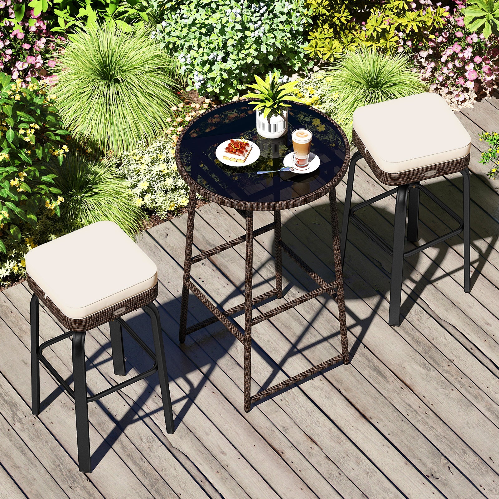 3 Piece Outdoor Swivel Bar Set, PE Rattan Bar Height Table With 2 Chairs, White Patio Bar Furniture at Gallery Canada