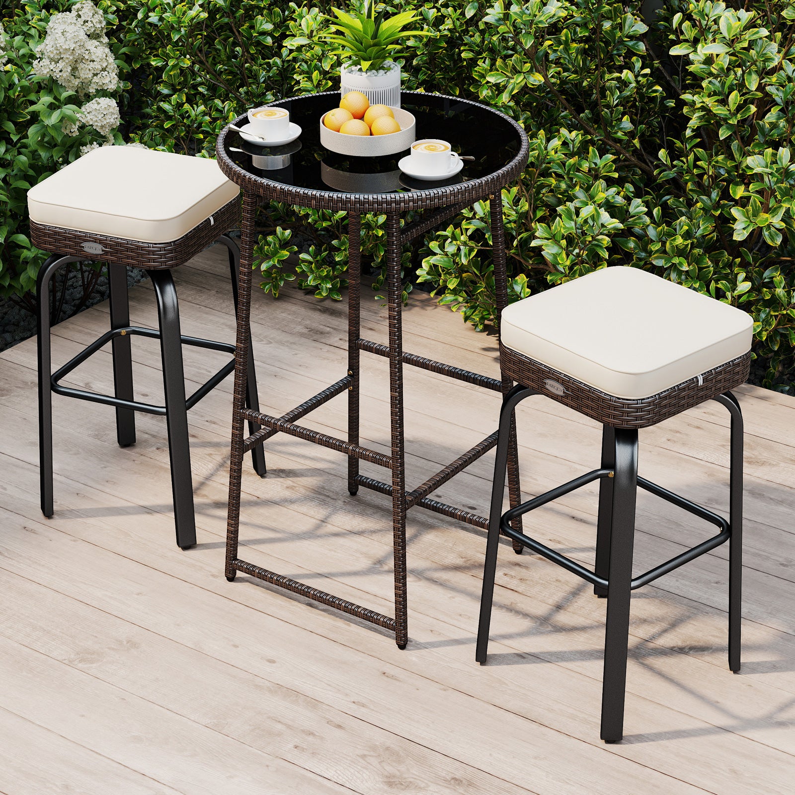 3 Piece Outdoor Swivel Bar Set, PE Rattan Bar Height Table With 2 Chairs, White Patio Bar Furniture at Gallery Canada
