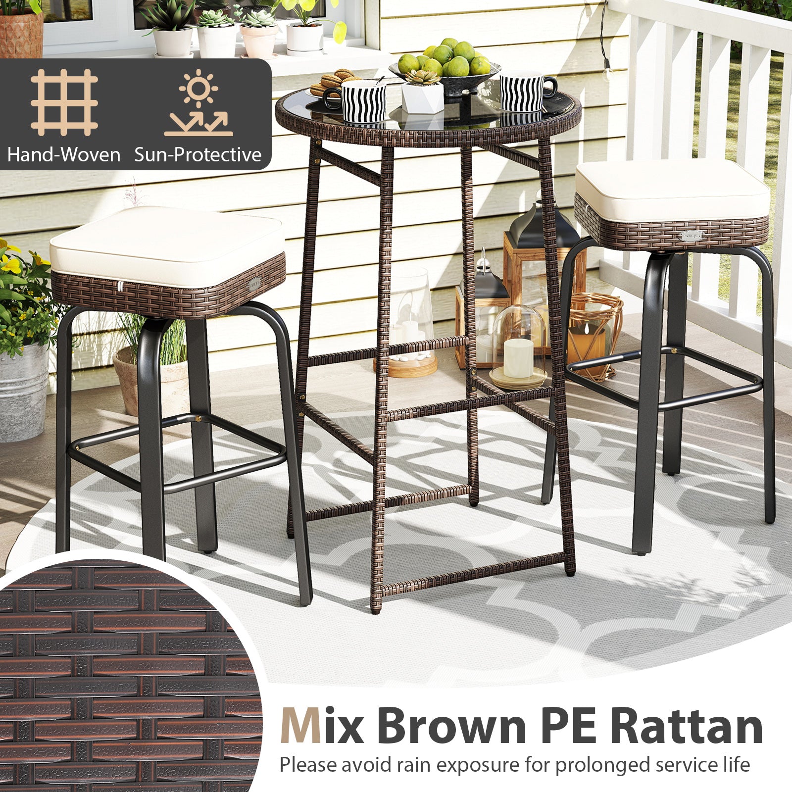 3 Piece Outdoor Swivel Bar Set, PE Rattan Bar Height Table With 2 Chairs, White Patio Bar Furniture at Gallery Canada