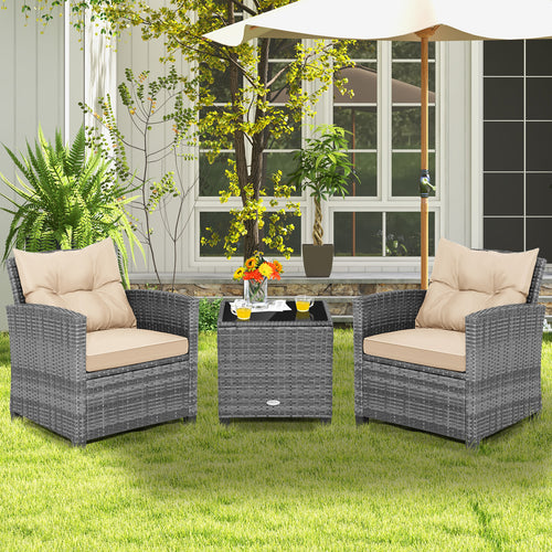 3 Piece Outdoor Wicker Conversation Set, Tempered Glass Tabletop, Beige