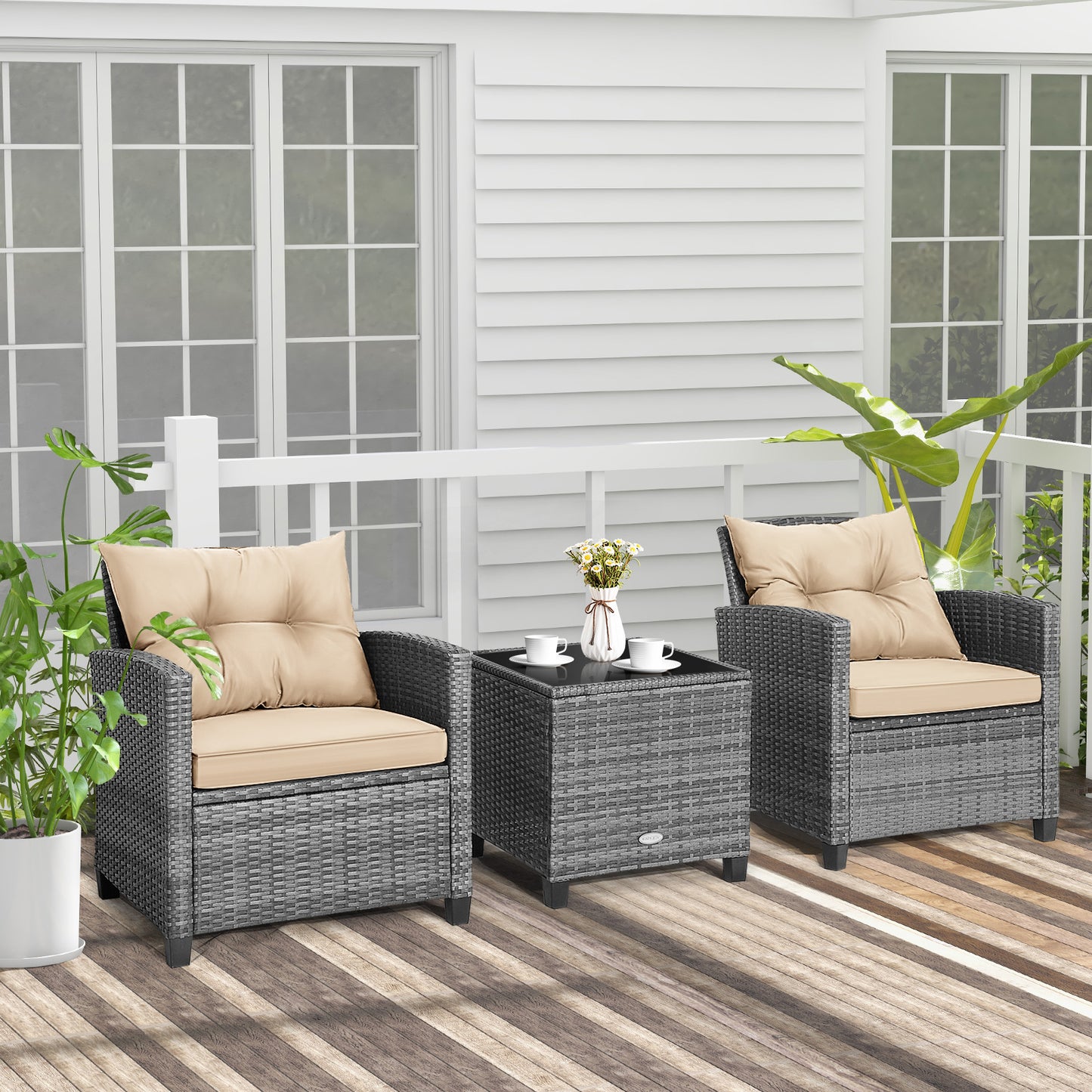 3 Piece Outdoor Wicker Conversation Set, Tempered Glass Tabletop, Beige Patio Conversation Sets at Gallery Canada