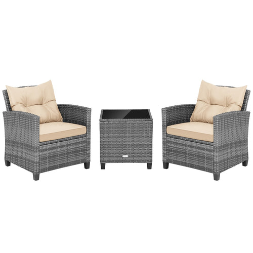 3 Piece Outdoor Wicker Conversation Set, Tempered Glass Tabletop, Beige